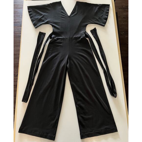 ABLE Black V Neck Wide Leg Rosario Jumpsuit Kimono Sleeve Tie Waist Cotton Sz XS - Picture 3 of 12